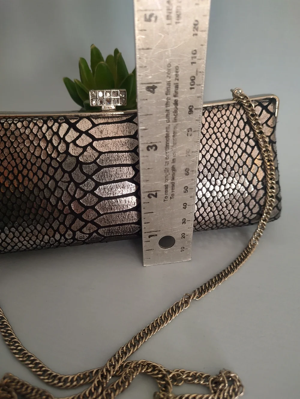 Metallic Snake-Print Evening Clutch with Chain Strap